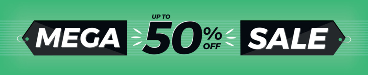 50% off. Horizontal green banner. Advertising for Mega Sale. Up to fifty percent discount for promotions and offers.