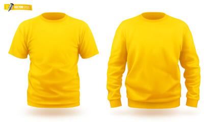 Vector realistic illustration of yellow sweat-shirt and t-shirt on a white background. - obrazy, fototapety, plakaty
