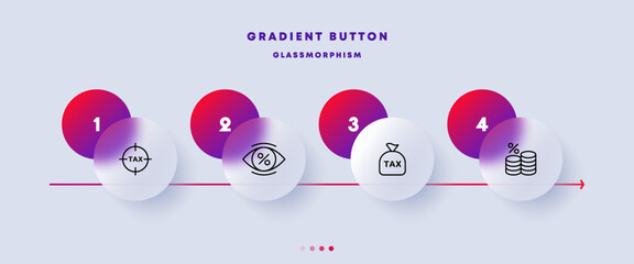 Taxes set icon. Tax protection, aim, eye, money bag, percent, coins, transparent, no hidden fees, income, expenses. Business concept. Glassmorphism style. Vector line icon for Business and Advertising