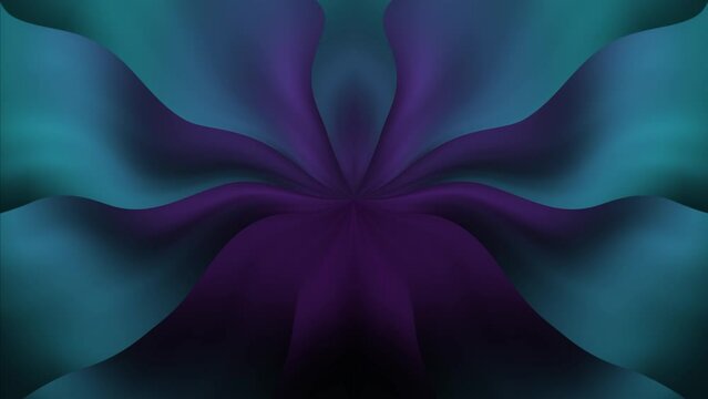 Violet and cyan beams of light emerge from the center of the frame and are distorted to form a stylized flower. Animated background video. Endless cycle. The loop.