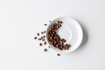 coffee bean on white table background. top view. space for text