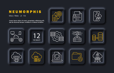 Computer work set icon. File management, gear, flash drive, backup, cloud storage, phone, finance, database, dollar, count, laptop, folder, password. Business concept. Neomorphism. Vector line icon