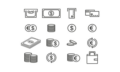 Banknotes and coins set icon. Money, currency, bank card, dollar, euro, wallet, cash register, banking, income, savings, business. Financial management concept. Vector line icon for Advertising