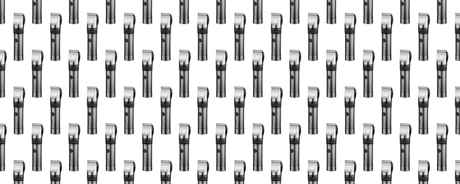 Seamless pattern of hair clippers and shaving machines on a white background.