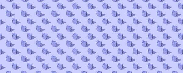 Banner of blue alarm clocks with shadow on blue background. Set. Seamless texture pattern. 3D illustration. Long shadow from the summer sunshine.