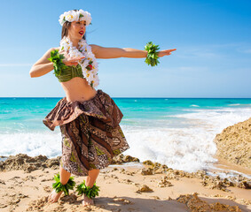 Hula dancer performing hawaii dance. Girl dancing wearing tahiti summer clothes. Miss queen flower...