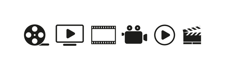 Watch films set icon. Film strip, pause and play buttons, reel, movie camera, clapperboard, slate board, series, cinema. Entertainment concept. Vector line icon for Business and Advertising