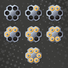 Revolver cylinder subscriber badges. Gun drum icons. Steel barrel with six bullets. Eps10 vector