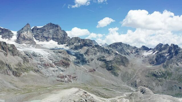 Aerial 4K, view of the Bernina Group from the Scerscen Refuge in Valmalenco, Italy, July 2022