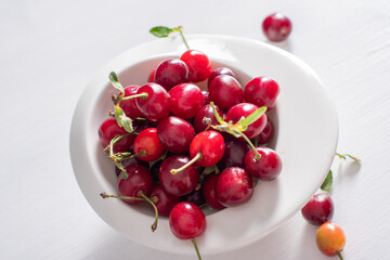 white cup with ripe red cherries on a table,summer harvest of fruits and berries