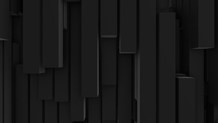 Black geometric background. Ornament of 3d rectangles, parallelepipeds, cubes. Relief field. Abstract art. Wave of musical mosaic. Poster for games, presentations, business, websites.