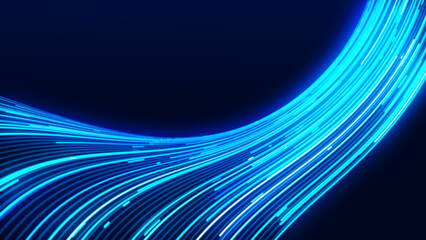 Neon background flow of lines. Texture of glowing digital stripes, lines. Blue flame. Cosmic, energetic path. LED strip. Computer screensaver. Poster for business, presentations, technology, logo.