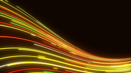 Neon fire wave of lines. Texture of glowing digital stripes. Transport highway. Flow of energy. LED strip. Computer screensaver. Poster for business, presentations, technology, logo.