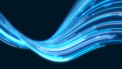Neon background flow of lines. Texture of glowing digital stripes, lines. Blue flame. Cosmic, energetic path. LED strip. Computer screensaver. Poster for business, presentations, technology, logo.