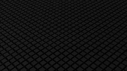 Black abstract background. A pattern of squares, cubes. Geometric network, grid. Digital ornament. Computer screensaver. Poster for technology, science, games, discounts, logo.
