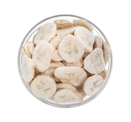 Freeze dried bananas in bowl on white background, top view