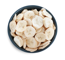 Freeze dried bananas in bowl on white background, top view