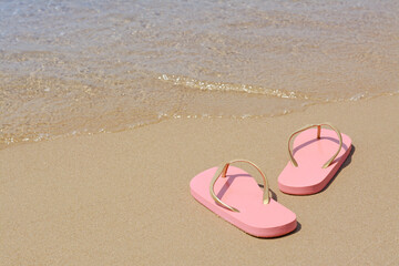 Fototapeta na wymiar Stylish pink flip flops on wet sand near sea, space for text