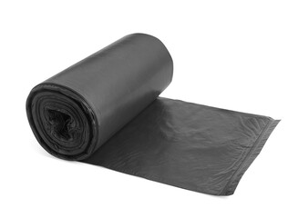 Roll of black garbage bags on white background. Cleaning supplies