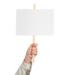 Woman holding blank protest sign on white background, closeup