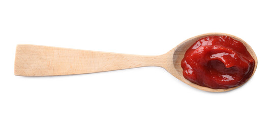 Tasty ketchup in wooden spoon isolated on white, top view