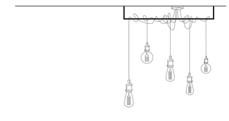 One line drawing of modern loft chandelier with pendant lamps with Edison bulbs. Continuous line illustration of lightbulbs in lineart style. Horizontal vector Minimalist design background