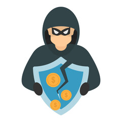 breaking security shield vector icon design, White Collar Crime symbol, Computer crime Sign, security breakers stock illustration, Malicious Hacker Concept