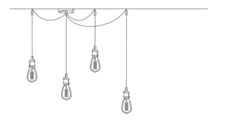 Continuous line lamps and Edison bulbs. One single line drawing of modern loft chandelier with lightbulbs in lineart style. Minimalist design background Horizontal vector illustration. Place for text
