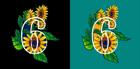 Obraz premium Number 6 With Summer Themed Sunflower Illustration
