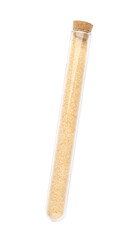 Glass tube with garlic powder on white background, top view