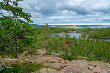 View of Baltic sea and gulf of Bothnia from the top of the rock in Skuleskogen national park, Sweden. Hiking along the High Coast trail, Hoha Kustenleden.