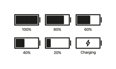 Battery state of charge set icon. Full, discharged, lightning, electricity, electric, plug, device, status bar, charging. Technology concept. Vector line icon for Business and Advertising