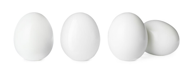 Set with tasty boiled eggs on white background. Banner design