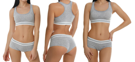 Collage with photos of woman wearing grey underwear on white background. Banner design