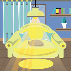 A flat illustration of a room with blue walls, a tiled floor, a window, a curtain, shelves with books and a plant, and a yellow sofa with a cat lying on it. From above illuminates the yellow lamp.