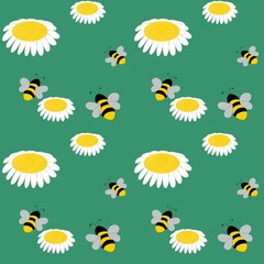 Seamless pattern, bees collect honey, in a blooming field with daisies. illustration.