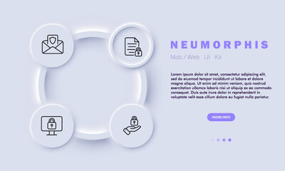 Protection of personal data set icon. Private, system security notification, email, letter, shield, document, lock, computer, hand. Privacy concept. Neomorphism style. Vector line icon for Business