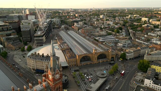 Aerial video St Pancras International Station and Kings Cross London
