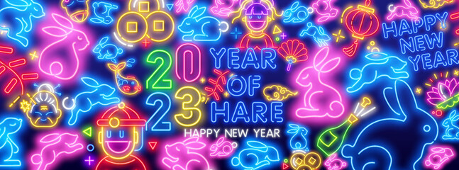 2023 Happy New Year neon background. Neon hare, rabbit with shining effects for Christmas holiday greeting card, flyers or posters. Vector illustration