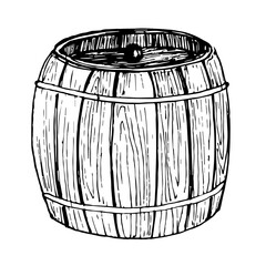Wooden Barrel for Beer or Wine. Sketch with Keg for Rum and Honey. Vintage illustration of cask for logo or icon in engrave style