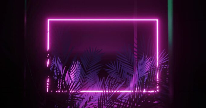 Animation of leaves over pink neon rectangle on black background
