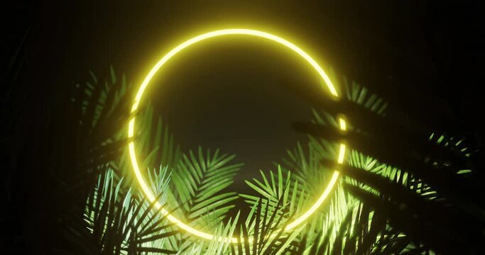 Animation of leaves over yellow neon circle on black background