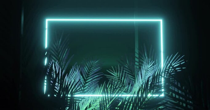 Animation of leaves over blue neon rectangle on black background