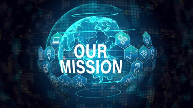 Animation of our mission text with icons over globe on black background