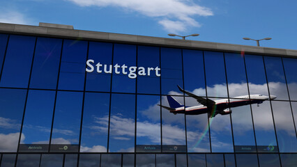 Airplane landing at Stuttgart Germany airport mirrored in terminal