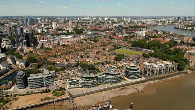 Aerial drone video St Katharines and Wapping area of Downtown London