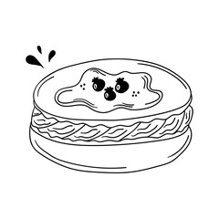 Hand drawn macaroon with berry isolated on a white background. Doodle, simple outline illustration. It can be used for decoration of textile, paper.