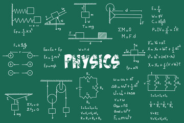 Exercises, physics formulas and equations, uniform rectilinear motion, statics, electromagnetism, electrical circuits, friction force, energy, angular velocity, with green chalkboard background - obrazy, fototapety, plakaty