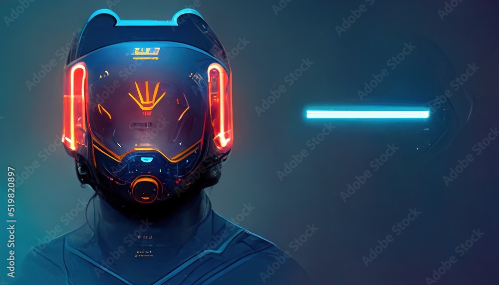 Poster man from future, a guy wearing a helmet of sci-fi virtual reality or helmet for a video game or movi