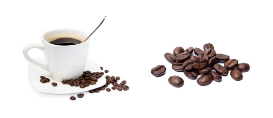 Cup of coffee and coffee beans isolated on white background